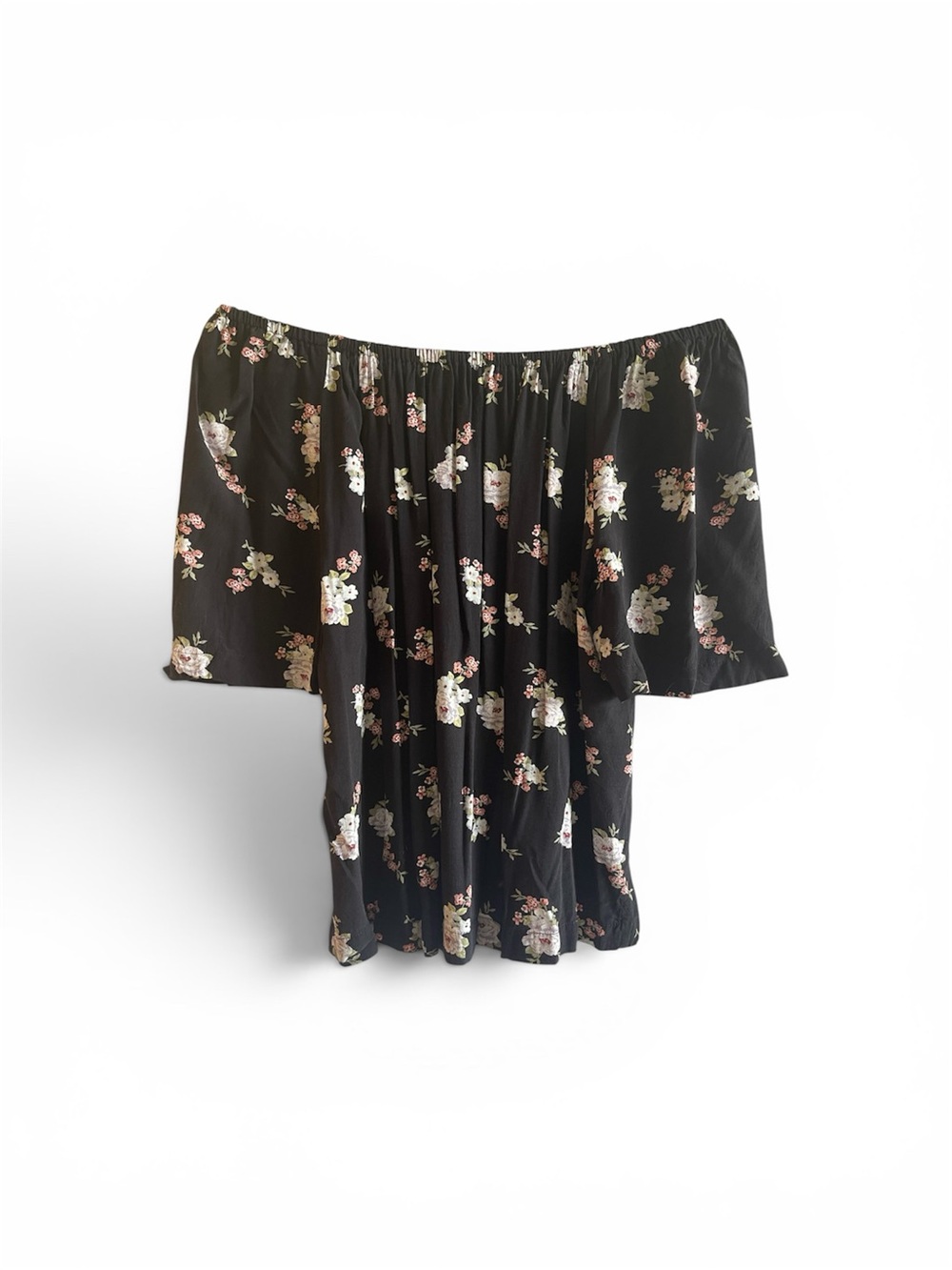 LOFT Black Floral Off Shoulder Blouse with White & Pink Flowers Size S